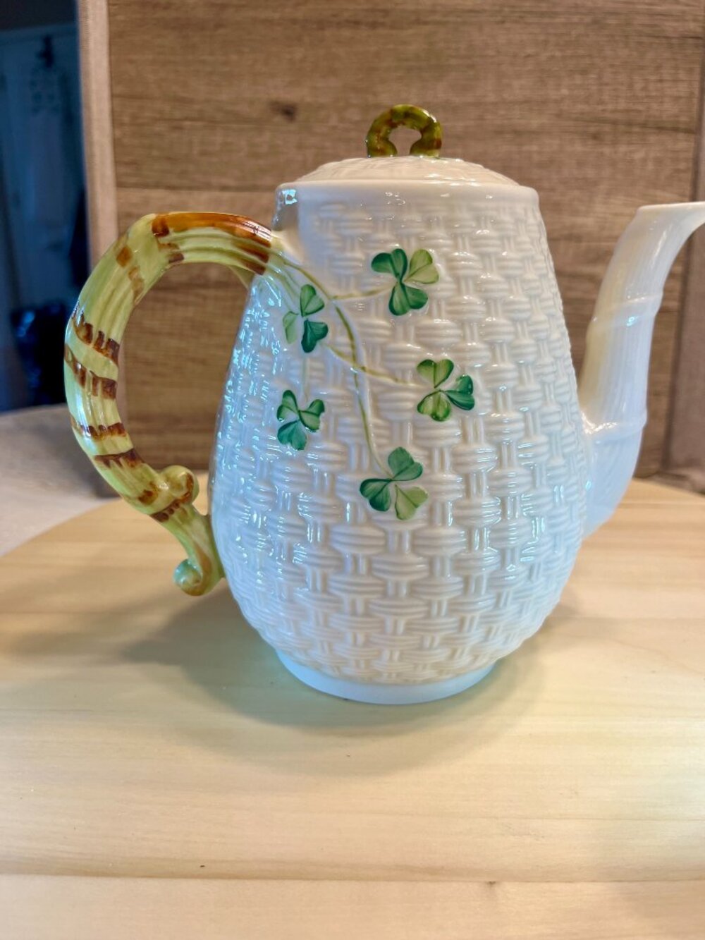 Vintage Belleek Ireland Shamrock Basketweave Harp Coffee Pot Teapot 6th Green Ma